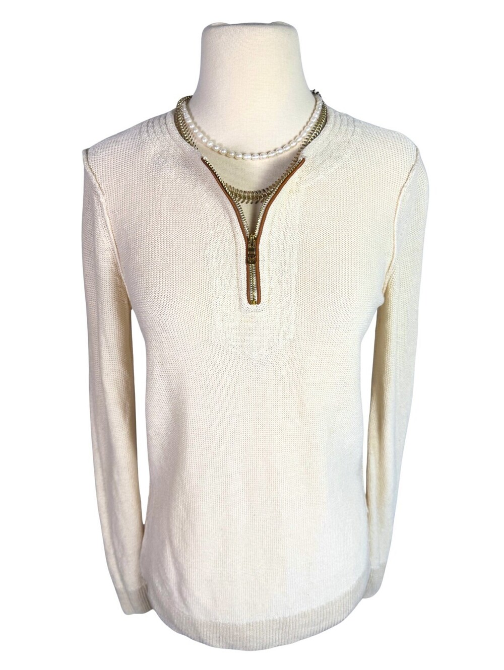 Tory Burch 100% Linen Quarter Zip Sweater Leather Trim Ivory Small